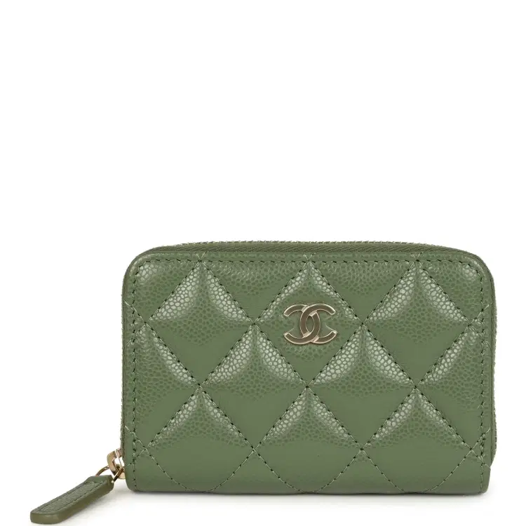Chanel Classic Zipped Coin Purse Wallet Khaki Shiny Caviar Light Gold Hardware-Hover-Image