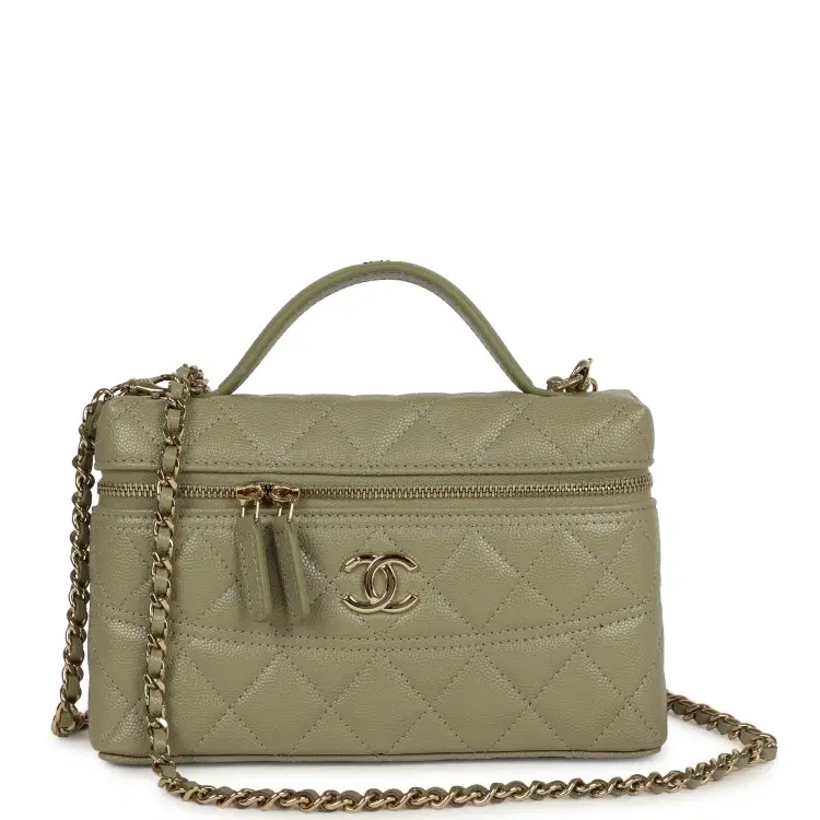 Chanel Trendy Top Handle Long Vanity Case with Chain Khaki Caviar Light Gold Hardware-Hover-Image