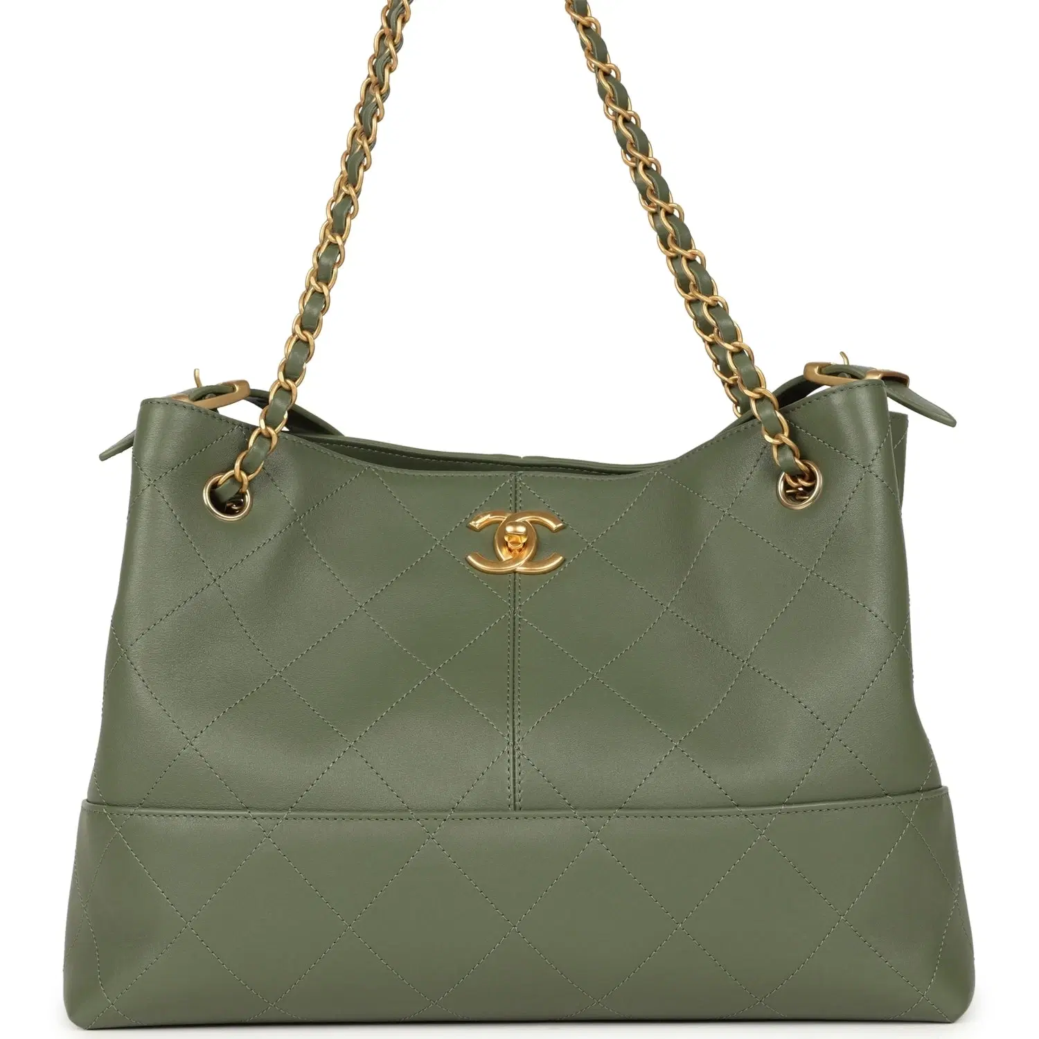 Chanel Small Coco Base Hobo Bag Khaki Calfskin Antique Gold Hardware
