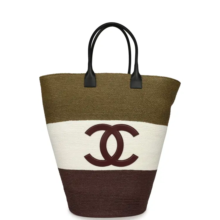 Chanel Maxi Coco Beach Large Shopping Bag Khaki, White, Brown Raffia and Black Calfskin-Hover-Image