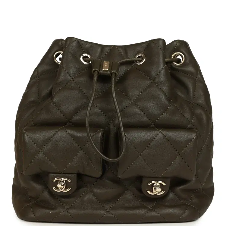 Chanel Mini Duma Drawstring Backpack Khaki Lambskin Light Gold Hardware-Hover-Image