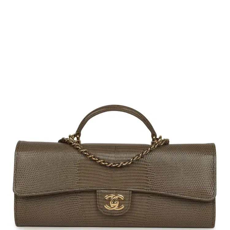 Chanel Long Top Handle Clutch with Chain Dark Khaki Lizard Embossed Calfskin Gold Hardware-Hover-Image