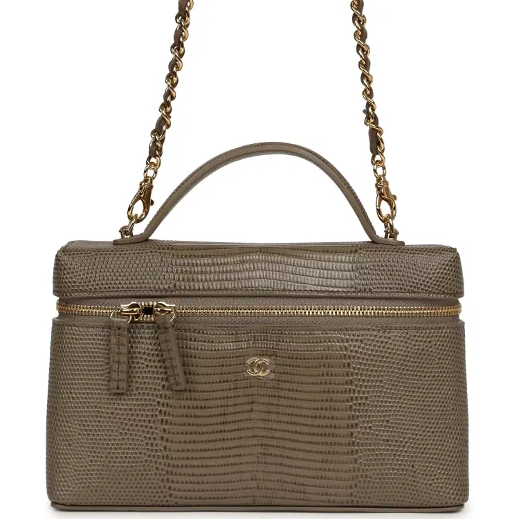 Chanel Top Handle Long Vanity Case with Chain Dark Khaki Lizard Embossed Calfskin Gold Hardware-Hover-Image