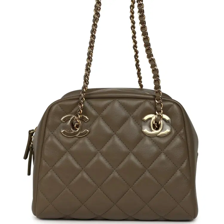Chanel Small Bowling Bag Dark Khaki Lambskin Gold Hardware-Hover-Image