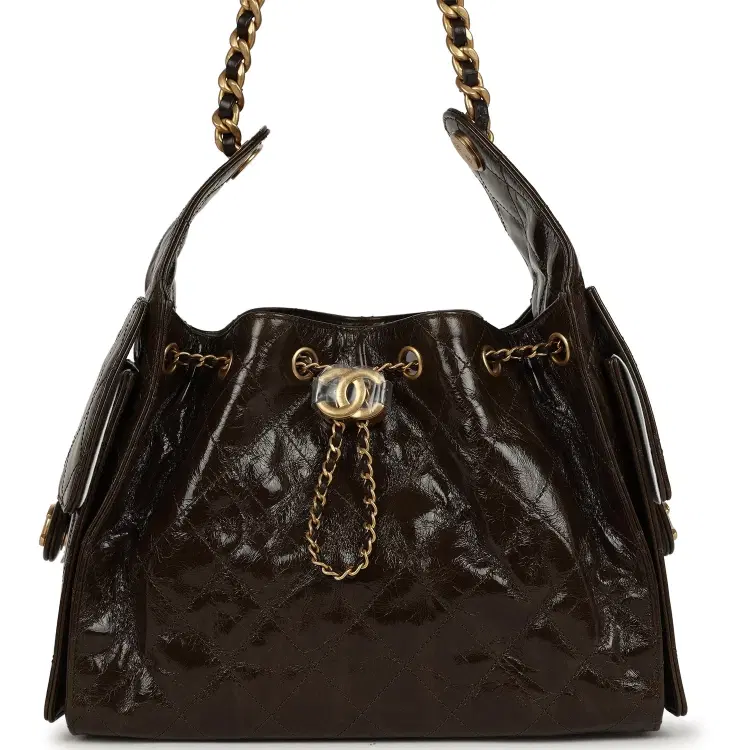 Chanel Small 25 Hobo Bag Khaki Shiny Aged Crumpled Calfskin Antique Gold Hardware-Hover-Image