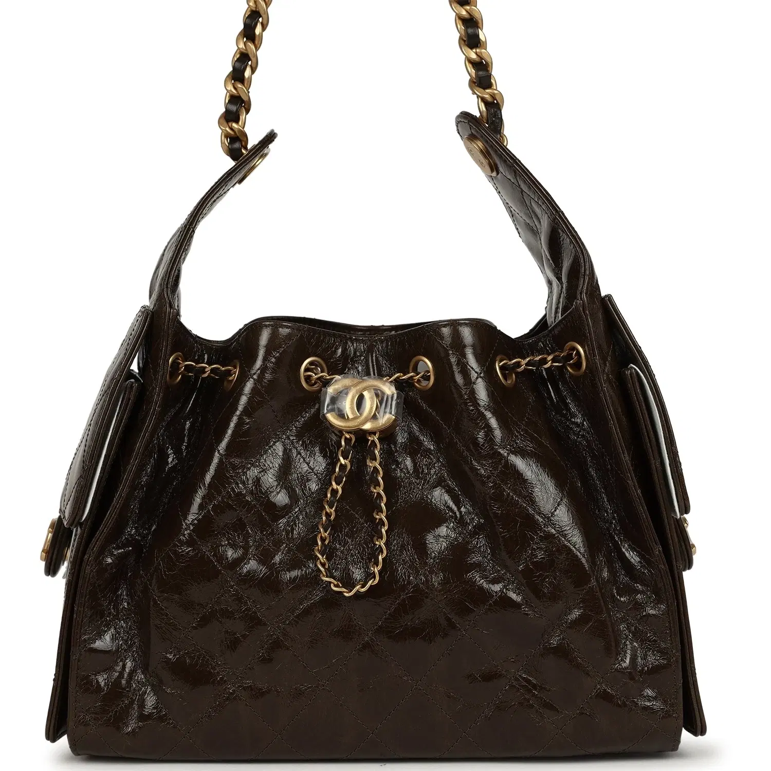 Chanel Small 25 Hobo Bag Khaki Shiny Aged Crumpled Calfskin Antique Gold Hardware