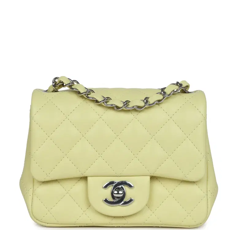 Chanel Mini Square Flap Bag Lime Lambskin Silver Hardware-Hover-Image