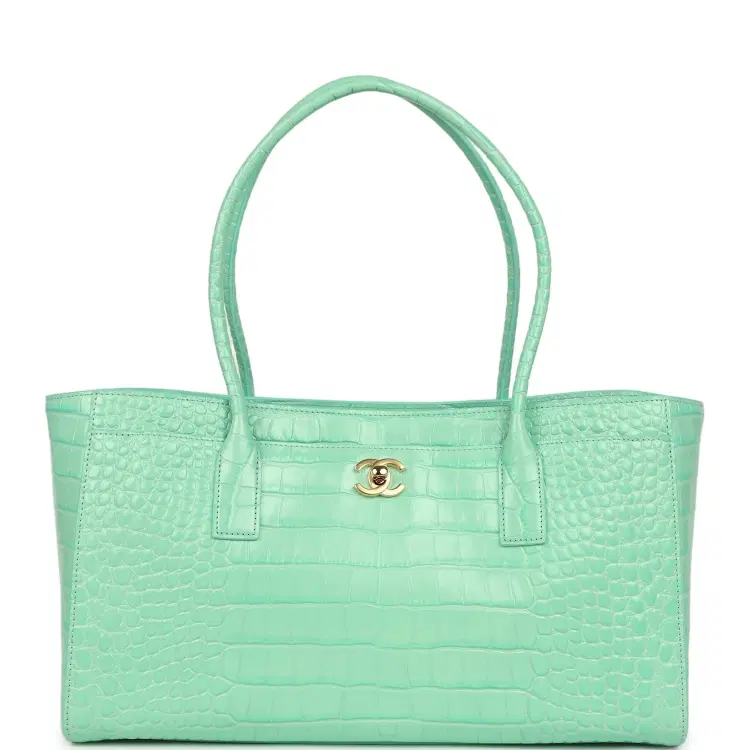 Chanel Small Cerf Shopping Bag Teal Croc Embossed Calfskin Gold Hardware-Hover-Image