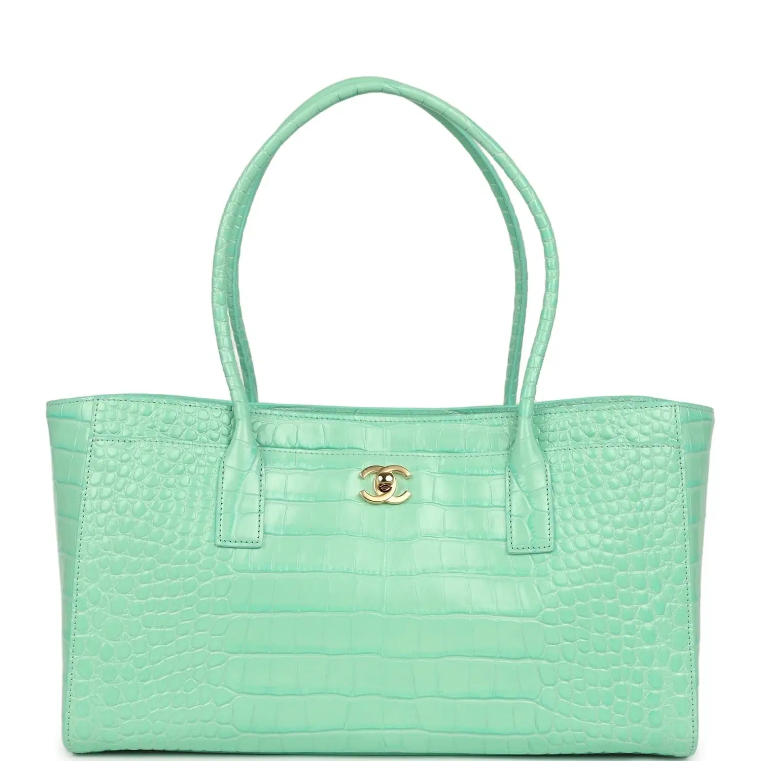 Chanel Small Cerf Shopping Bag Teal Croc Embossed Calfskin Gold Hardware