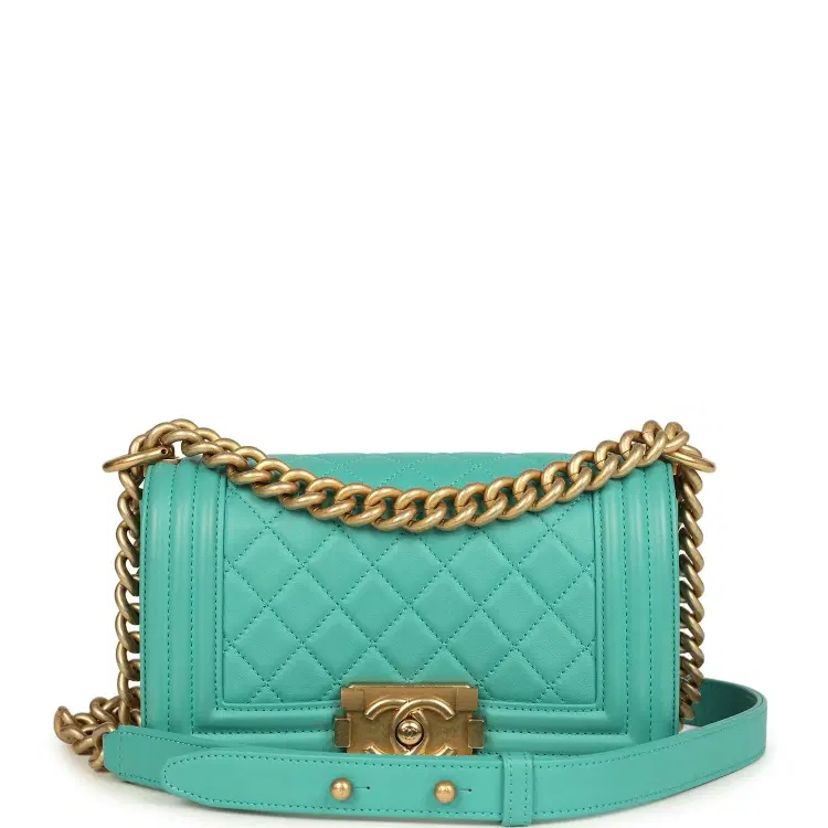 Pre-owned Chanel Small Boy Bag Turquoise Lambskin Antique Gold Hardware-Hover-Image