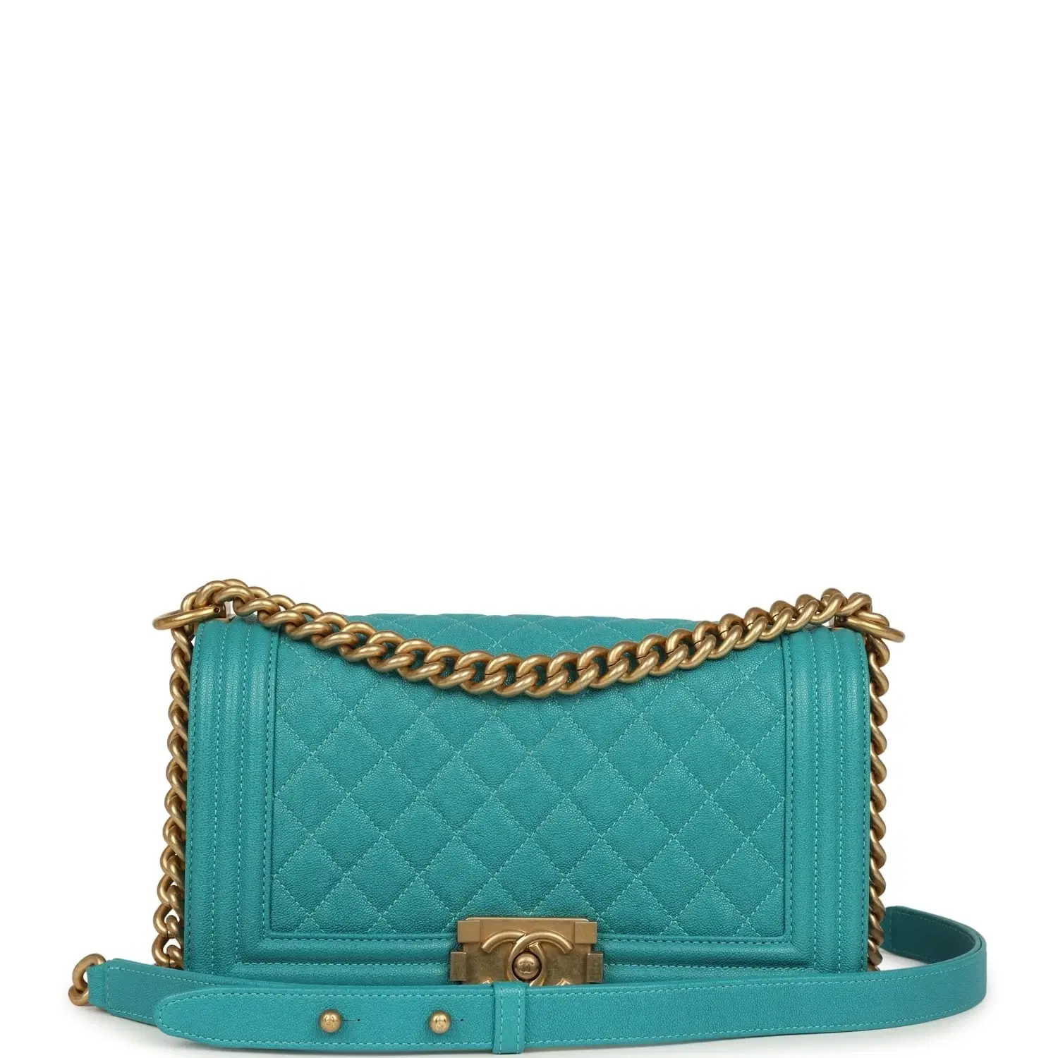 Pre-owned Chanel Medium Boy Bag Turquoise Shiny Caviar Antique Gold Hardware
