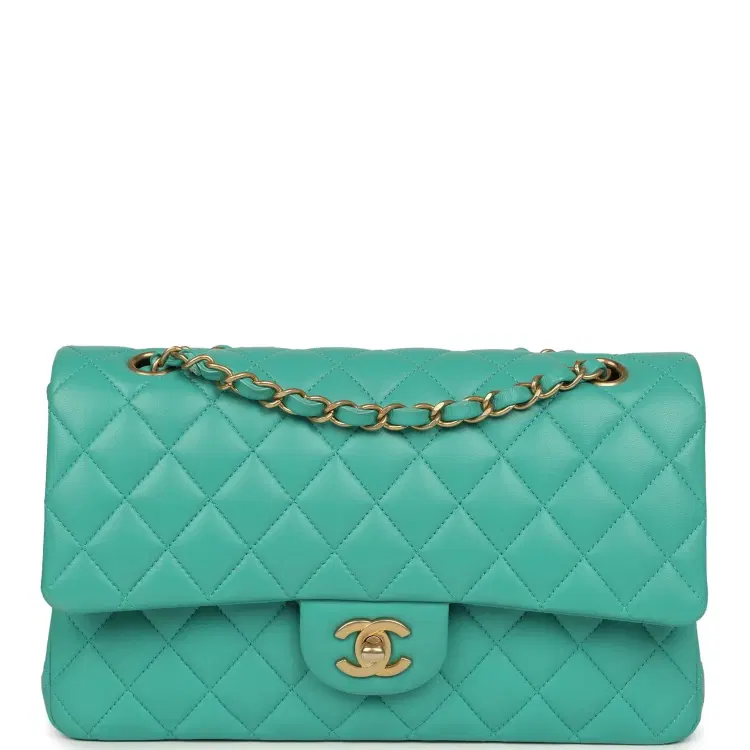 Pre-owned Chanel Medium Classic Double Flap Bag Turquoise Lambskin Brushed Gold Hardware-Hover-Image