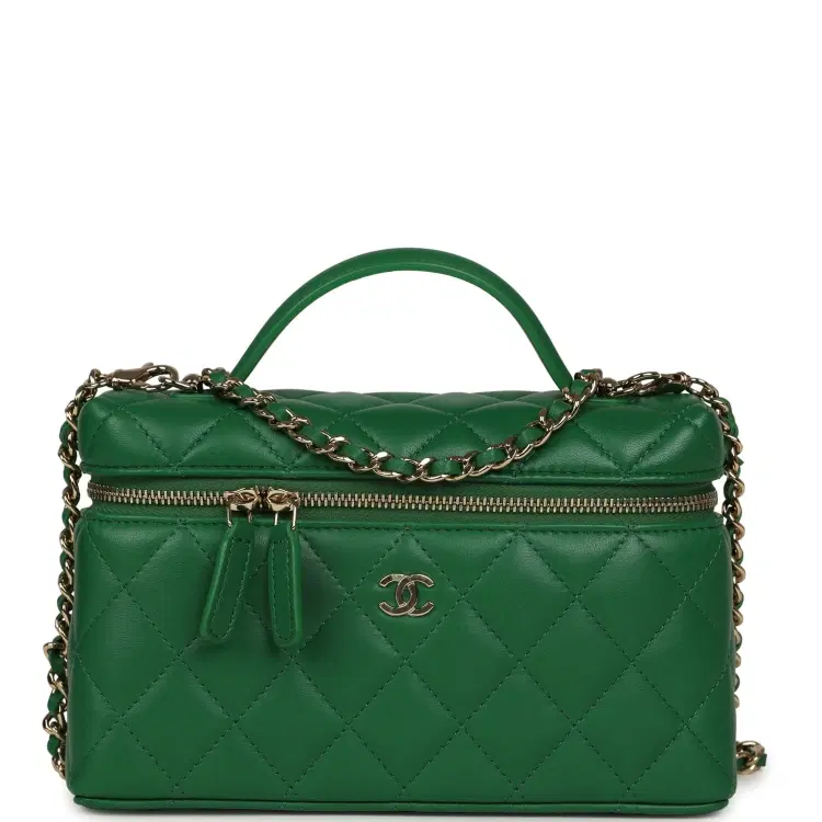 Chanel Top Handle Long Vanity Case with Chain Green Lambskin Light Gold Hardware-Hover-Image