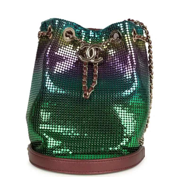 Pre-owned Chanel Mini Bucket Bag Green, Purple and Blue Ombre Metallic Mesh Light Gold Hardware-Hover-Image
