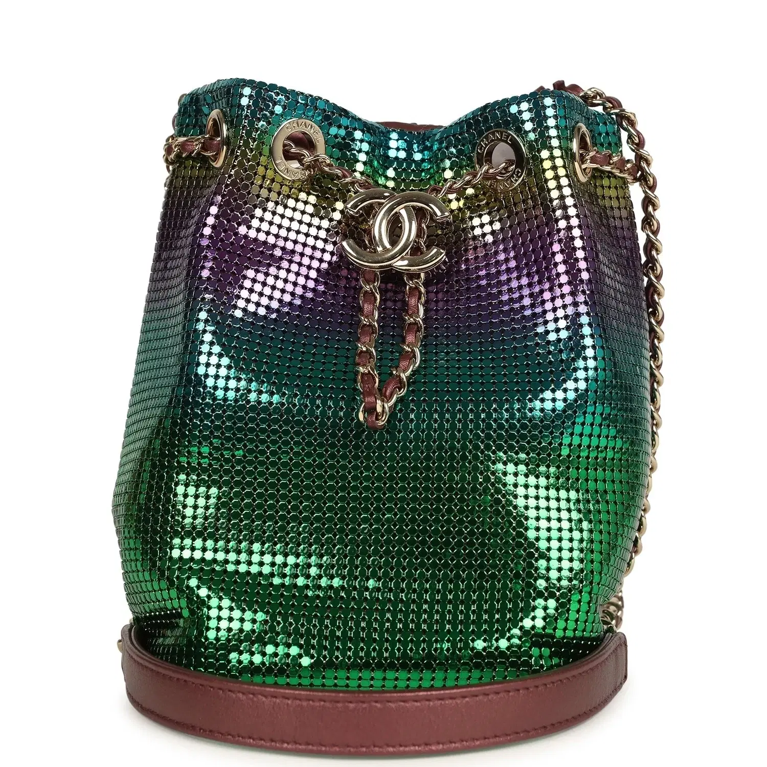 Pre-owned Chanel Mini Bucket Bag Green, Purple and Blue Ombre Metallic Mesh Light Gold Hardware