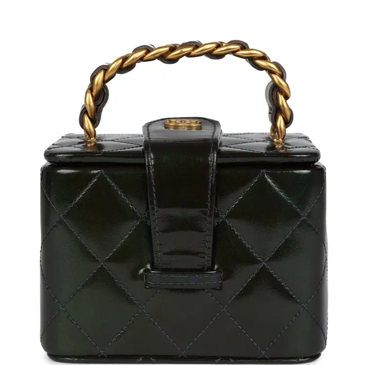 Vintage Chanel Mini Square Vanity Green Patent Antique Gold Hardware-Hover-Image
