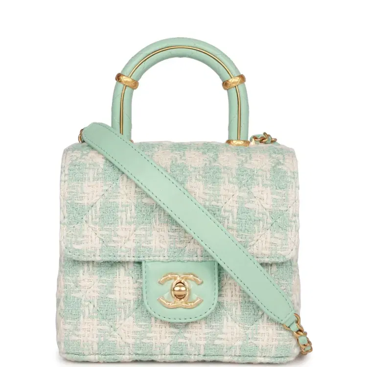 Chanel Mini Square Flap with Top Handle Turquoise and Ecru Tweed Antique Gold Hardware-Hover-Image