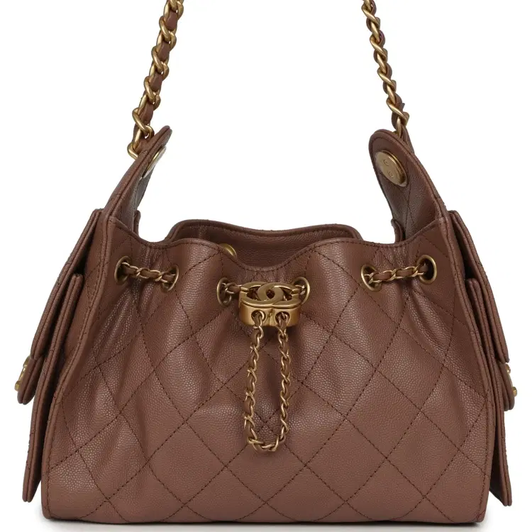 Chanel Mini 25 Hobo Bag Brown Caviar Antique Gold Hardware-Hover-Image