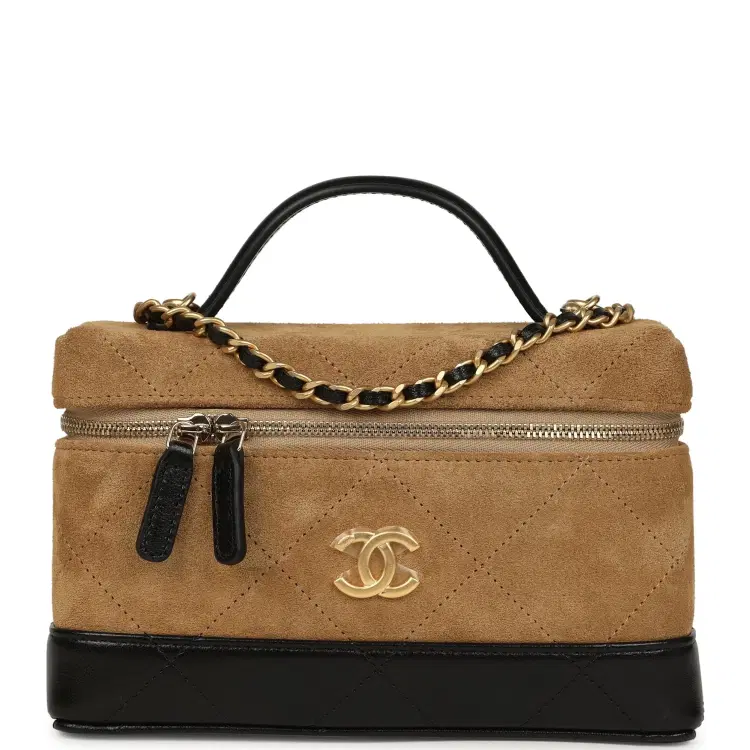Chanel Coco Base Top Handle Long Vanity Case with Chain Brown Suede and Black Shiny Lambskin Antique Gold Hardware-Hover-Image