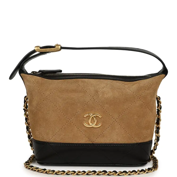 Chanel Mini Coco Base Clutch with Chain Brown Suede and Black Shiny Lambskin Brushed Gold Hardware-Hover-Image