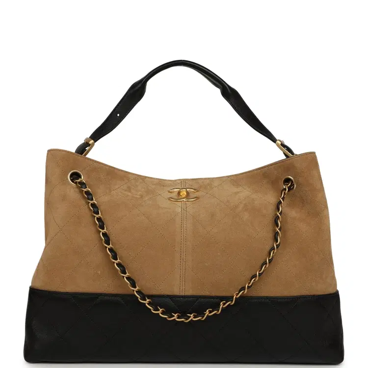 Chanel Large Coco Base Hobo Bag Brown Suede and Black Shiny Lambskin Brushed Gold Hardware-Hover-Image