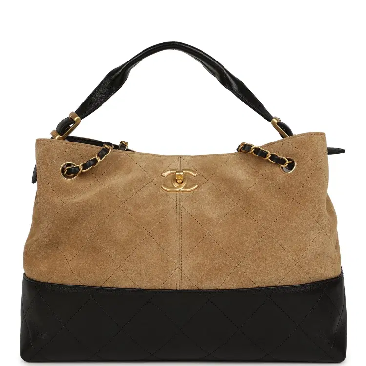 Chanel Small Coco Base Hobo Bag Brown Suede and Black Shiny Lambskin Brushed Gold Hardware-Hover-Image