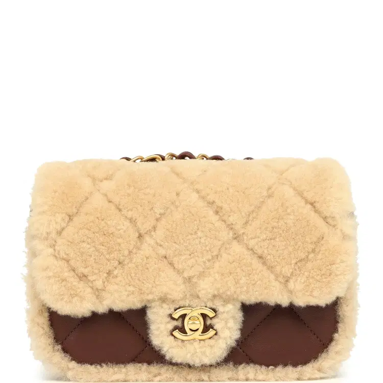 Chanel Mini Shearling Flap Bag Brown Lambskin Brushed Gold Hardware-Hover-Image