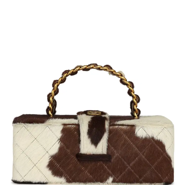 Vintage Chanel Rectangular Vanity Box Brown and White Cow Print Pony Hair Antique Gold Hardware-Hover-Image