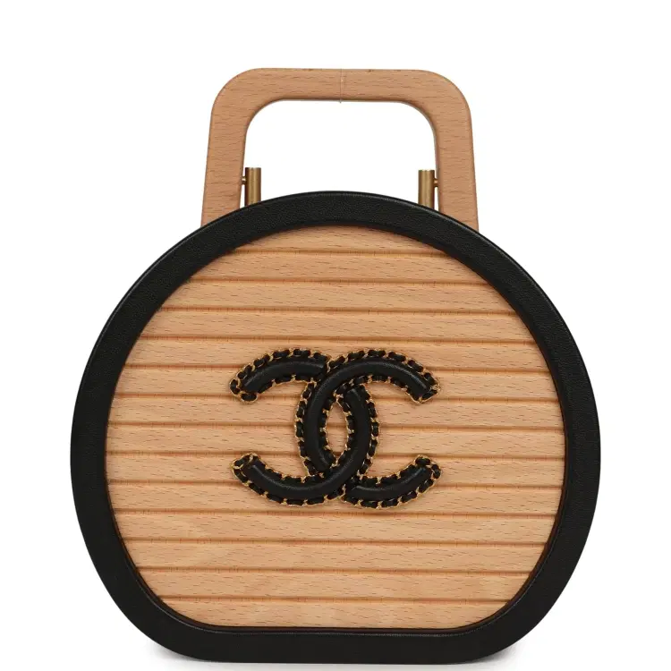 Pre-owned Chanel Small Round CC Vanity Case Tan Beechwood, Black Calfskin Antique Gold Hardware-Hover-Image