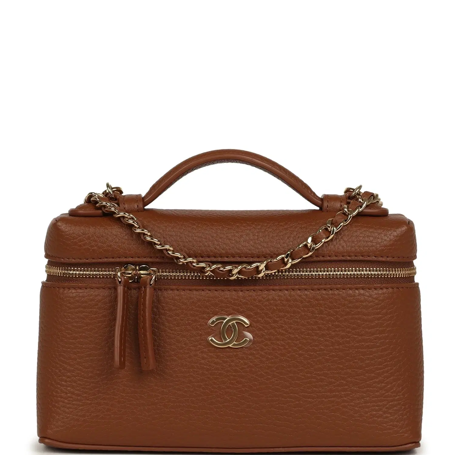Chanel "Supple" Top Handle Long Vanity Case with Chain Camel Grained Calfskin Gold Hardware