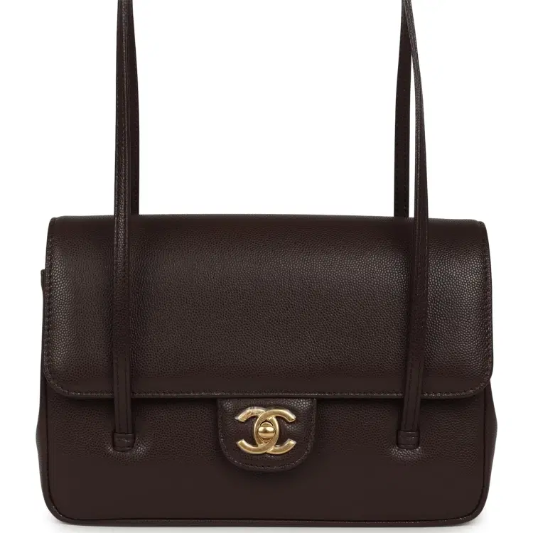 Chanel Small Preppy Coco Flap Bag Dark Brown Shiny Caviar Brushed Gold Hardware-Hover-Image
