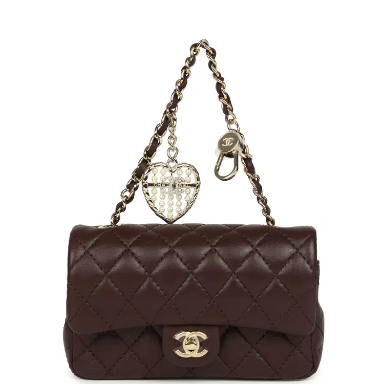 Chanel Nano Classic Double Flap Bag Charm Dark Brown Lambskin Light Gold Hardware-Hover-Image