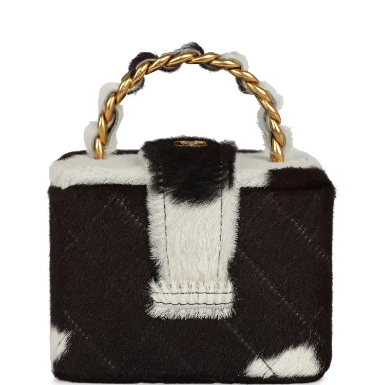 Vintage Chanel Square Vanity Box Brown and White Cow Print Pony Hair Antique Gold Hardware-Hover-Image