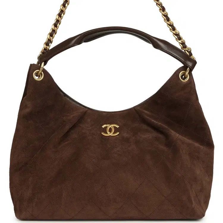 Chanel Maxi Hobo Bag Dark Brown Suede Antique Gold Hardware-Hover-Image