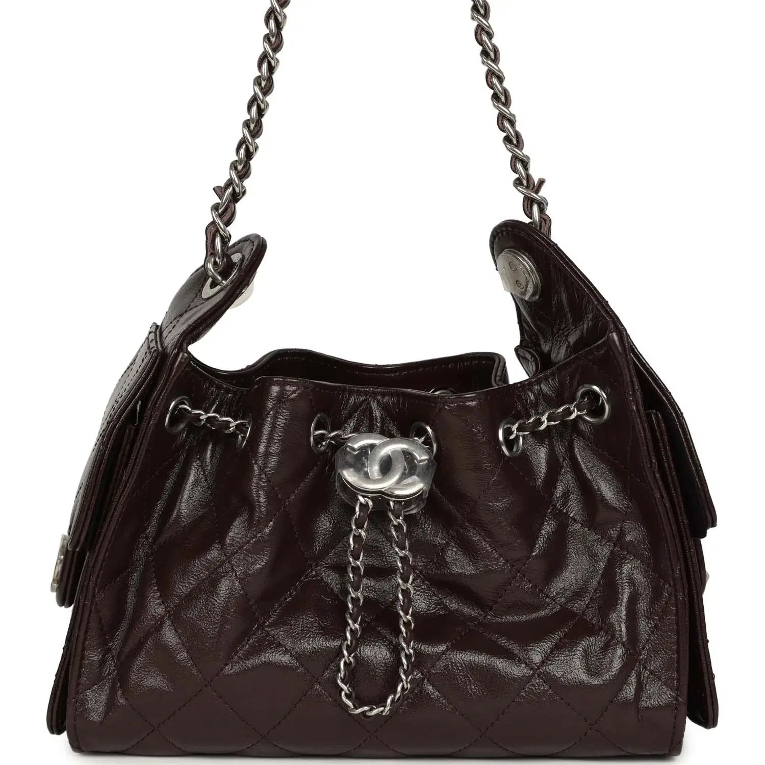 Chanel Mini 25 Hobo Bag Dark Brown Shiny Crumpled Calfskin Silver Hardware