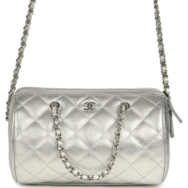 Chanel Mini Timeless Classic Barrel Bag with Chain Metallic Silver Shiny Caviar Silver Hardware-Hover-Image