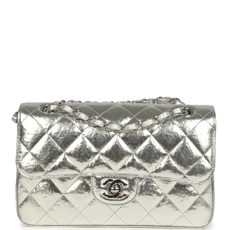 Pre-owned Chanel Small Classic Double Flap Silver Hammered Metallic Calfskin Silver Hardware-Hover-Image
