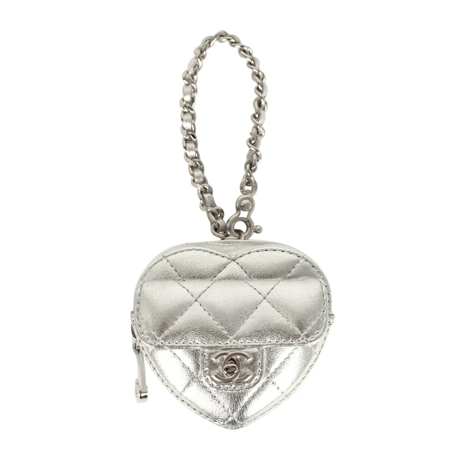 Chanel CC In Love Mini Heart Bag Charm Silver Metallic Lambskin Silver Hardware
