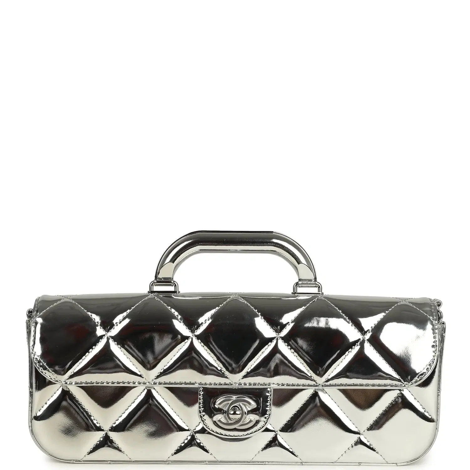 Chanel Large Top Handle Long Flap Bag with Chain Silver Mirror Calfskin Silver Hardware