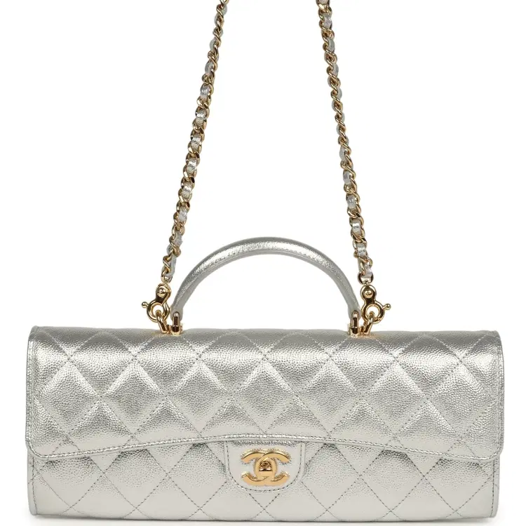 Chanel Long Top Handle Clutch with Chain Metallic Silver Caviar Gold Hardware-Hover-Image