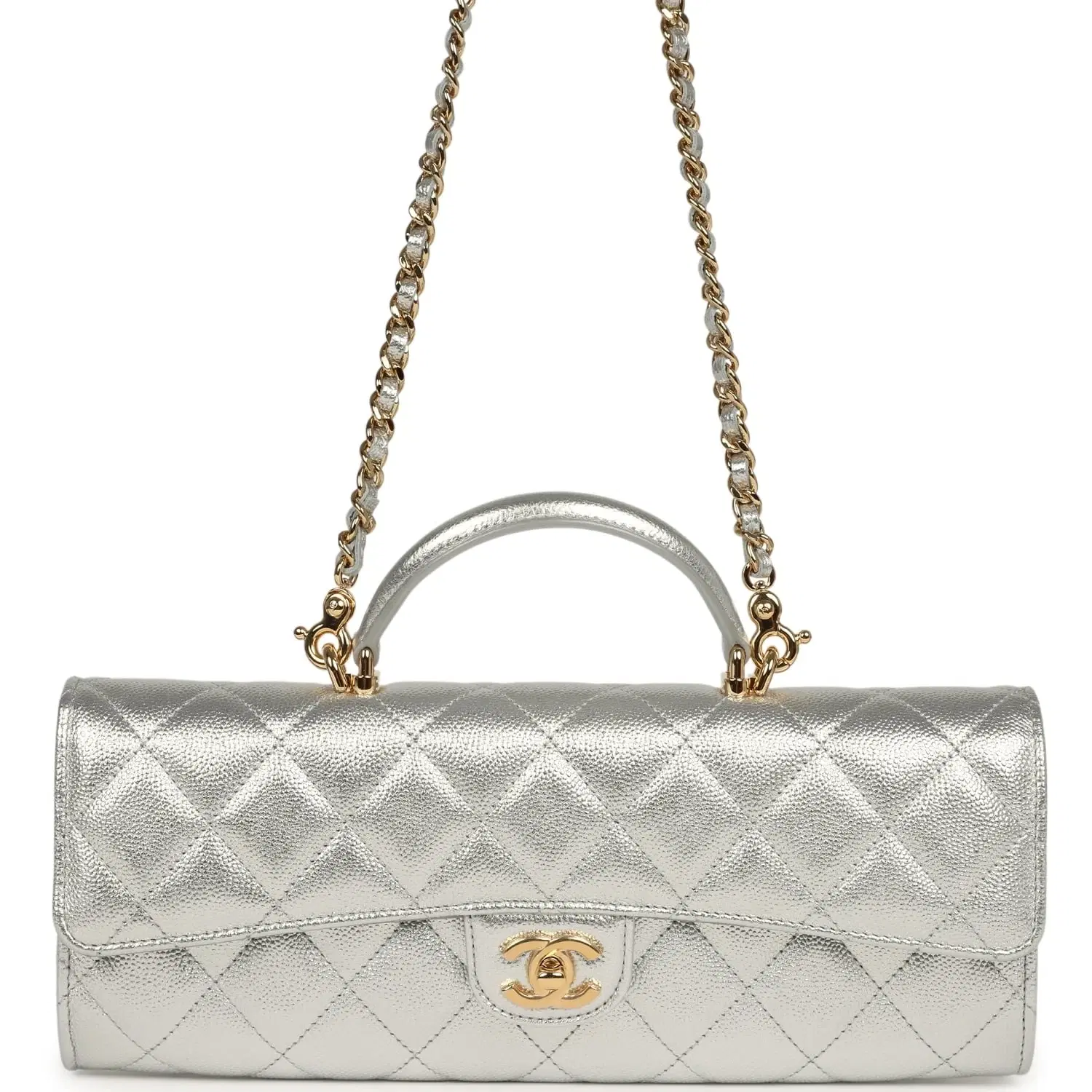 Chanel Long Top Handle Clutch with Chain Metallic Silver Caviar Gold Hardware