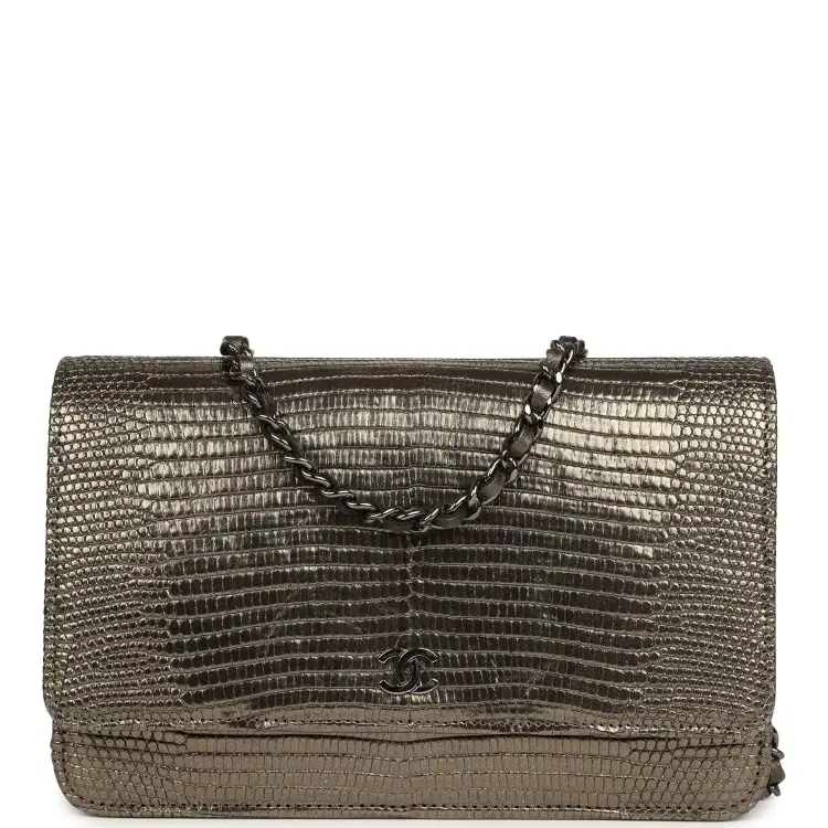 Pre-owned Chanel Wallet On Chain WOC Anthracite Lizard Ruthenium Hardware-Hover-Image
