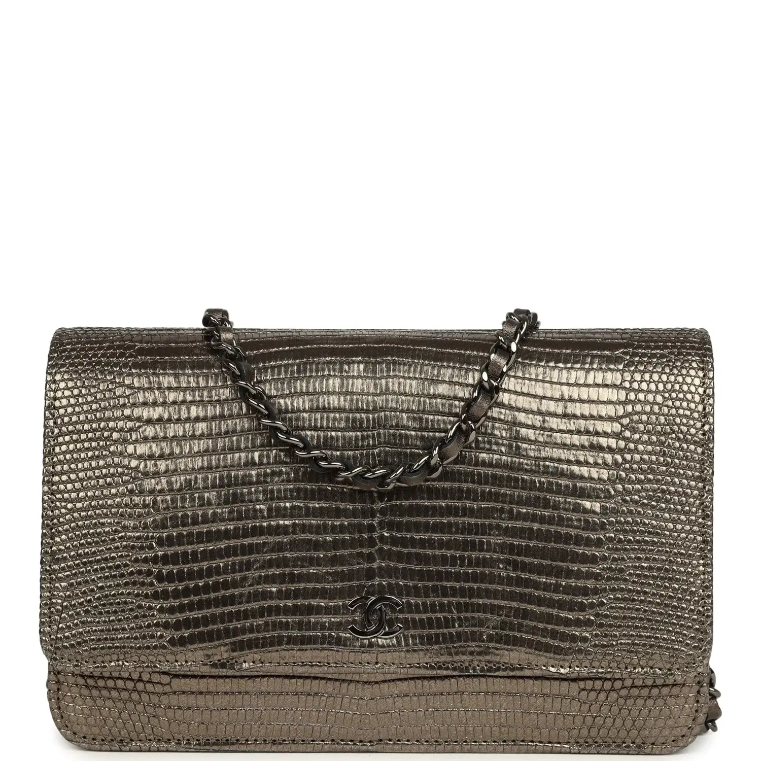 Pre-owned Chanel Wallet On Chain WOC Anthracite Lizard Ruthenium Hardware