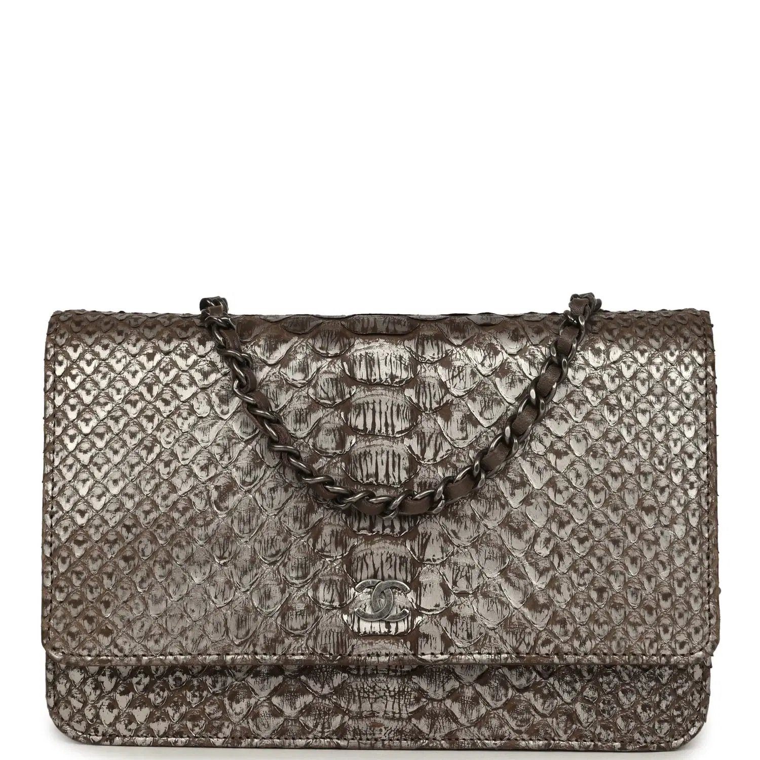 Chanel Wallet On Chain WOC Silver and Brown Aged Python Antique Silver Hardware