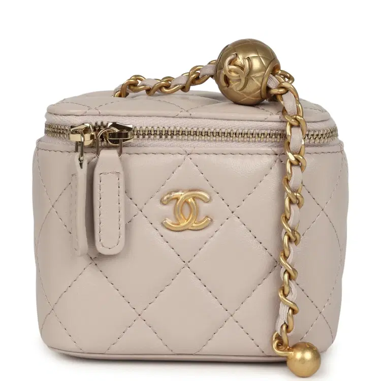 Chanel Mini Pearl Crush Vanity Case Light Grey Lambskin Brushed Gold Hardware-Hover-Image