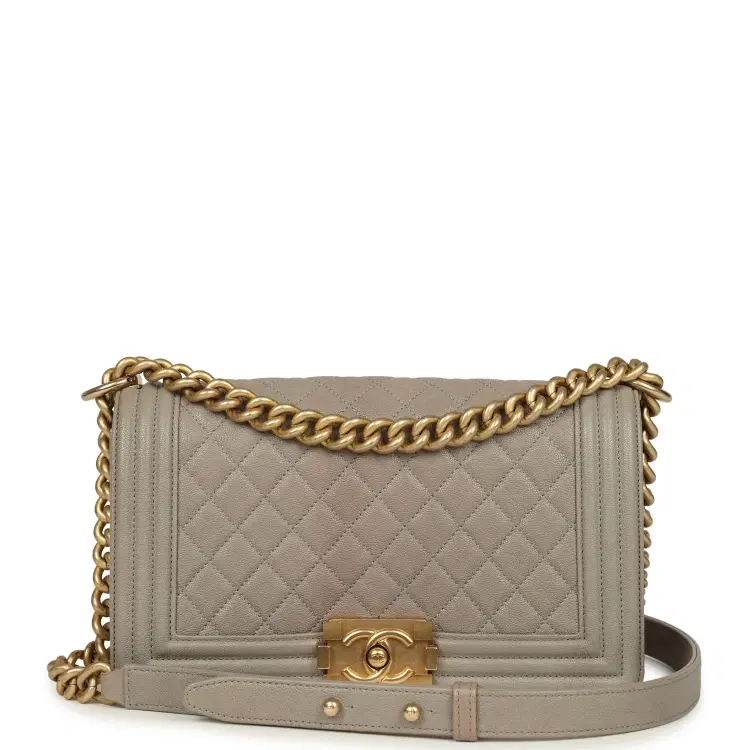 Pre-owned Chanel Medium Boy Bag Taupe Caviar Antique Gold Hardware-Hover-Image