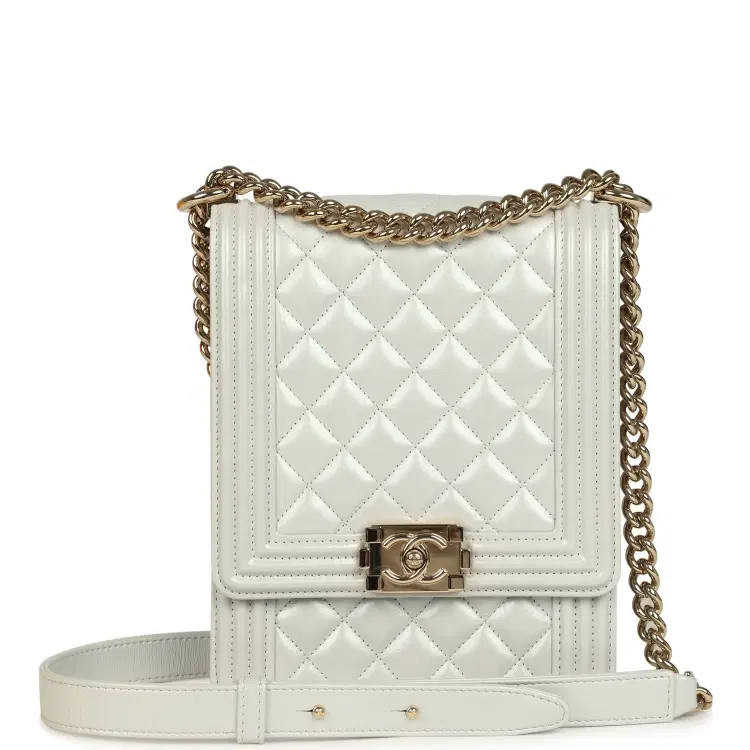 Pre-owned Chanel North South Boy Bag Light Grey Iridescent Calfskin Light Gold Hardware-Hover-Image