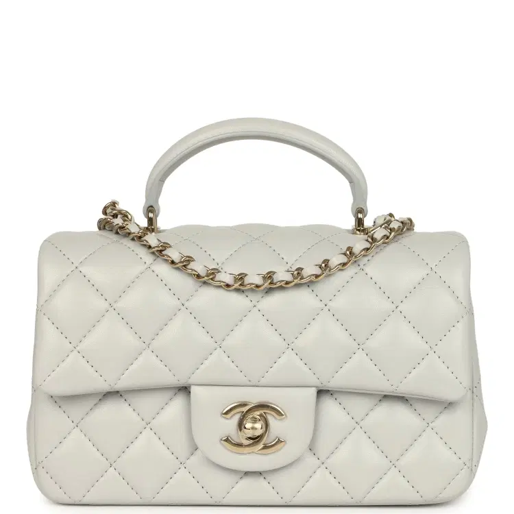 Chanel Mini Rectangular Flap Bag with Top Handle Light Grey Lambskin Light Gold Hardware-Hover-Image