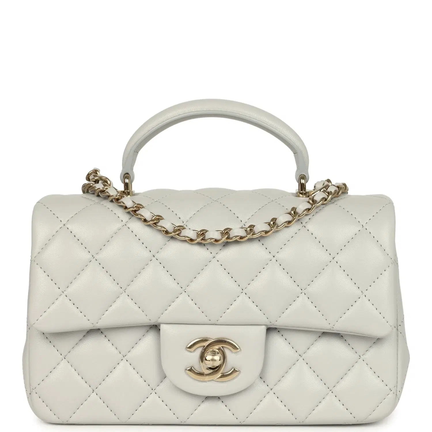 Chanel Mini Rectangular Flap Bag with Top Handle Light Grey Lambskin Light Gold Hardware