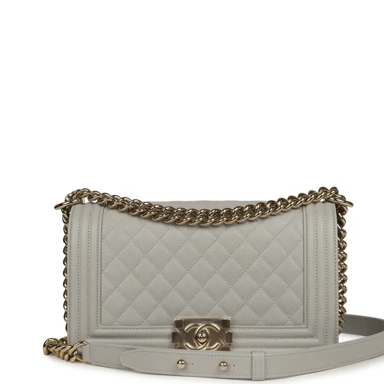 Chanel Medium Boy Bag Light Grey Caviar Light Gold Hardware-Hover-Image